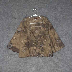 Design Todays Linen Jacket Womens XL Brown Circle Print Lagenlook Art To Wear